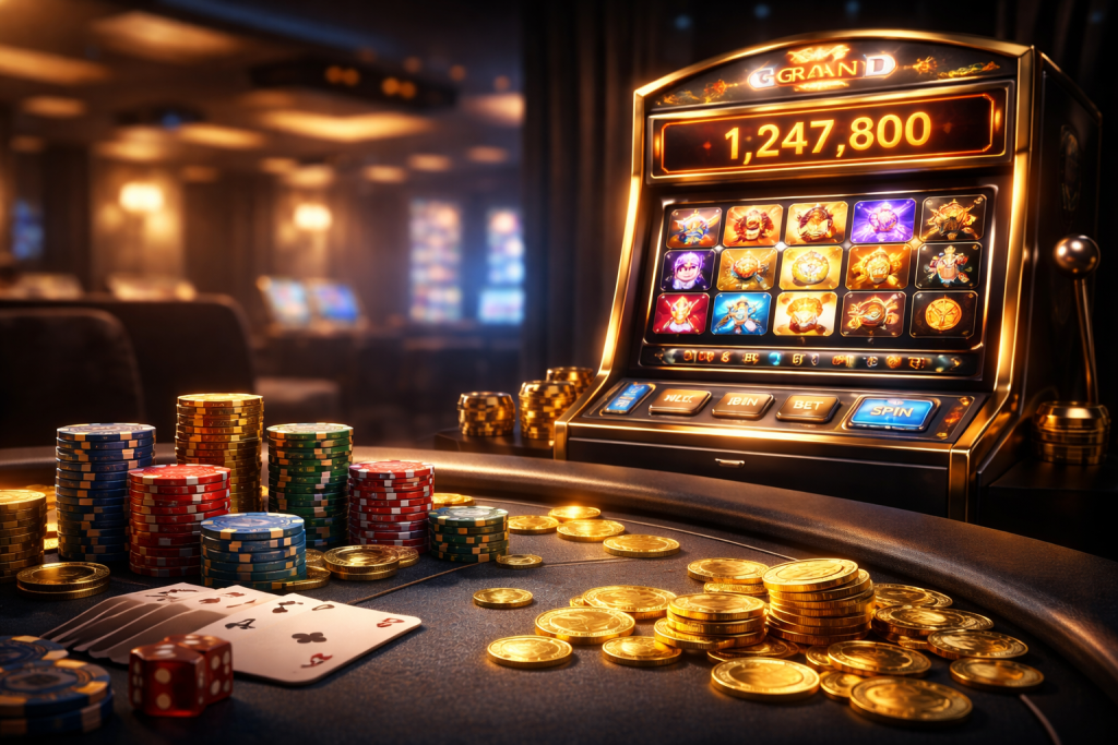 Luxury casino scene featuring a slot machine with jackpot display, gold coins, poker chips, and playing cards in a premium gaming environment
