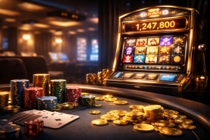Luxury casino scene featuring a slot machine with jackpot display, gold coins, poker chips, and playing cards in a premium gaming environment