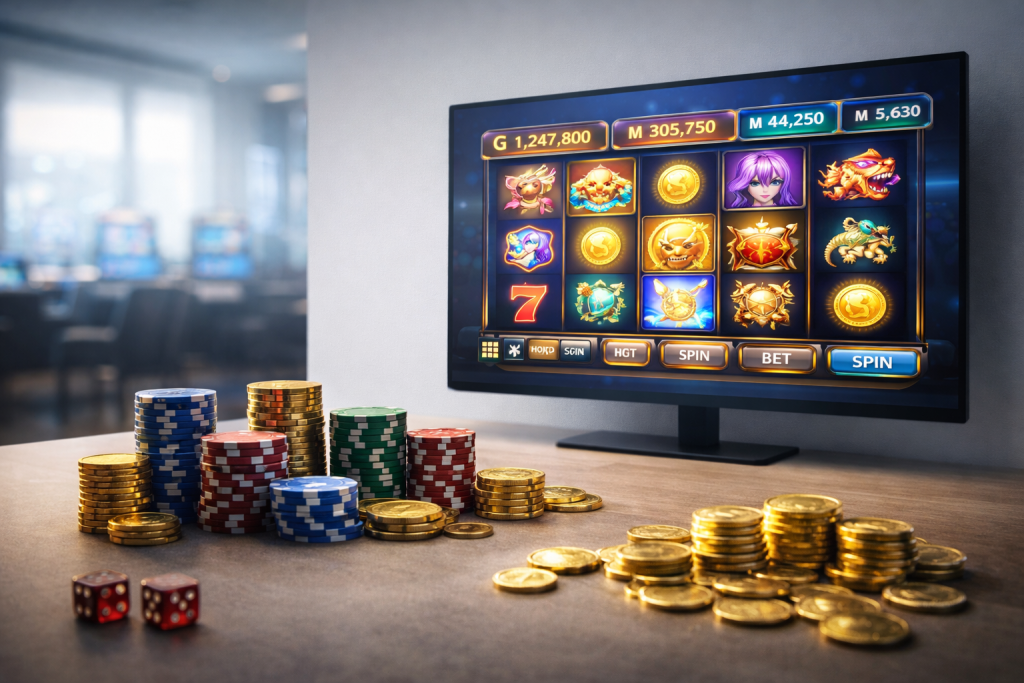 Realistic casino setup featuring digital slot game interface, jackpot numbers, gold coins, poker chips, and dice in a clean modern environment