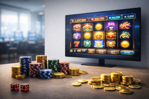 Realistic casino setup featuring digital slot game interface, jackpot numbers, gold coins, poker chips, and dice in a clean modern environment