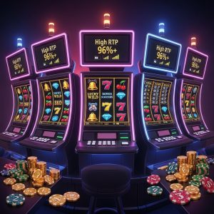 A row of neon-lit slot machines displaying "High RTP 96%+" on their screens, with stacks of gold coins and colorful casino chips in the foreground.