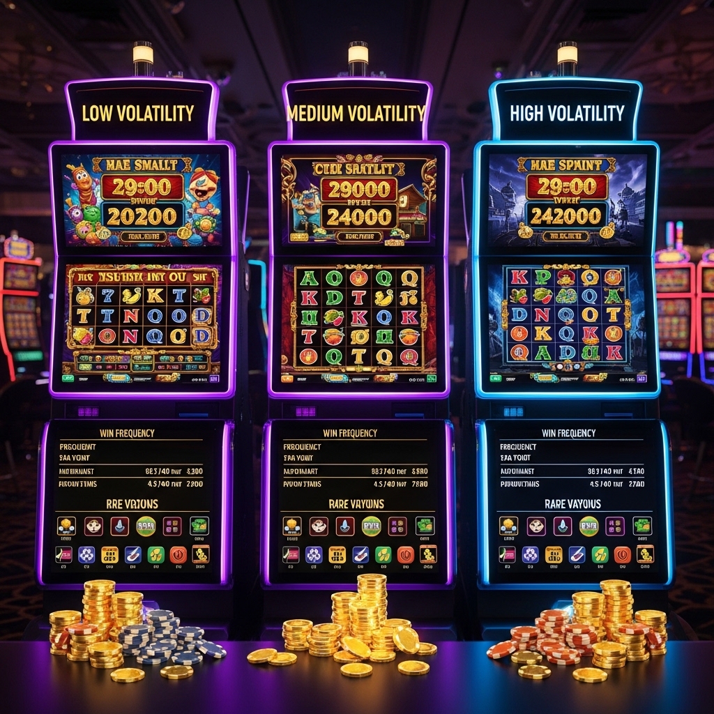 Three side-by-side slot machines labeled "Low Volatility," "Medium Volatility," and "High Volatility," each with detailed gaming metrics on their screens and stacks of gold coins and chips in front.